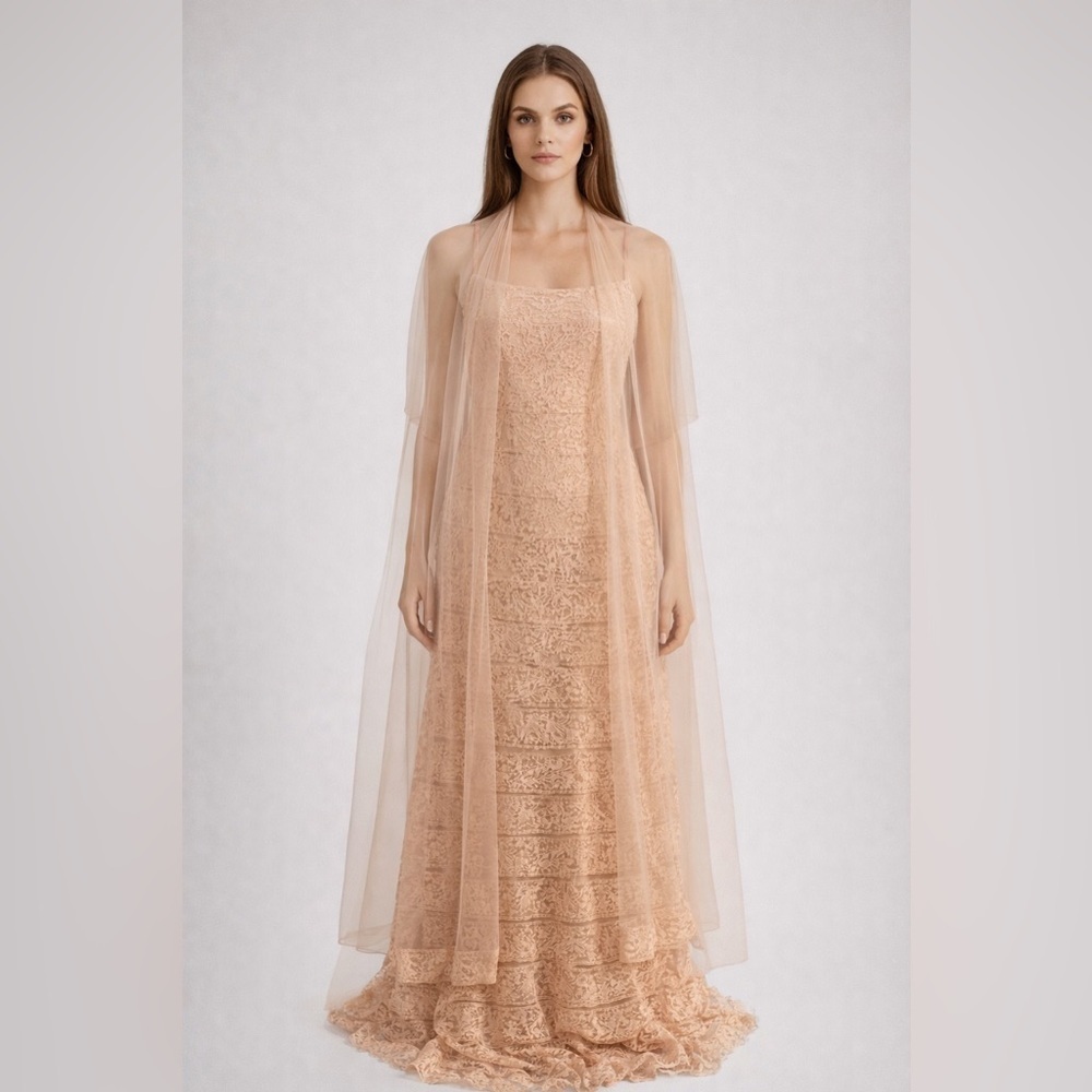 Tadashi Shoji lace tan evening dress size 8